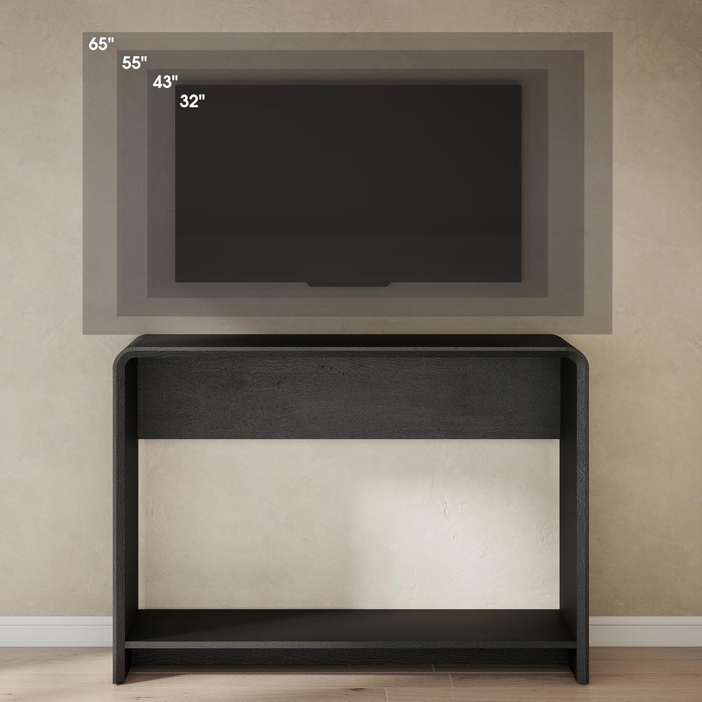 42.3" Modern U-Shaped Console Table, 11.5" Narrow Waterfall Entryway Table with Storage Shelf, Minimalist Sofa Table for Hallway & Living Room, Black Wood-Like Pattern Finish