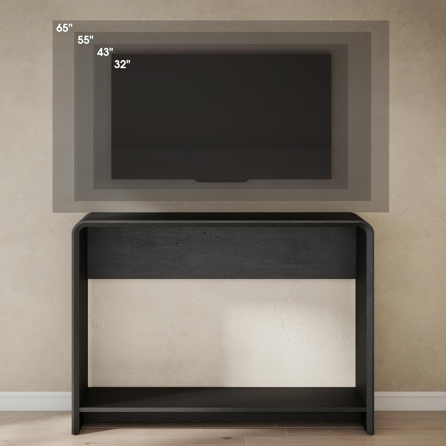 42.3" Modern U-Shaped Console Table, 11.5" Narrow Waterfall Entryway Table with Storage Shelf, Minimalist Sofa Table for Hallway & Living Room, Black Wood-Like Pattern Finish
