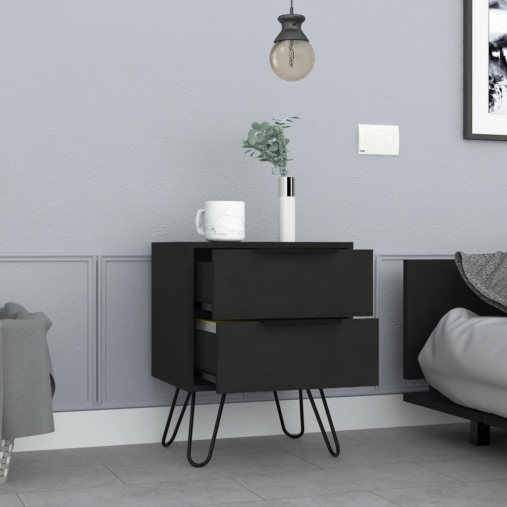 2 Nightstand, End Table, Side Table Four Legs, Two Drawers -Black,for Small Spaces