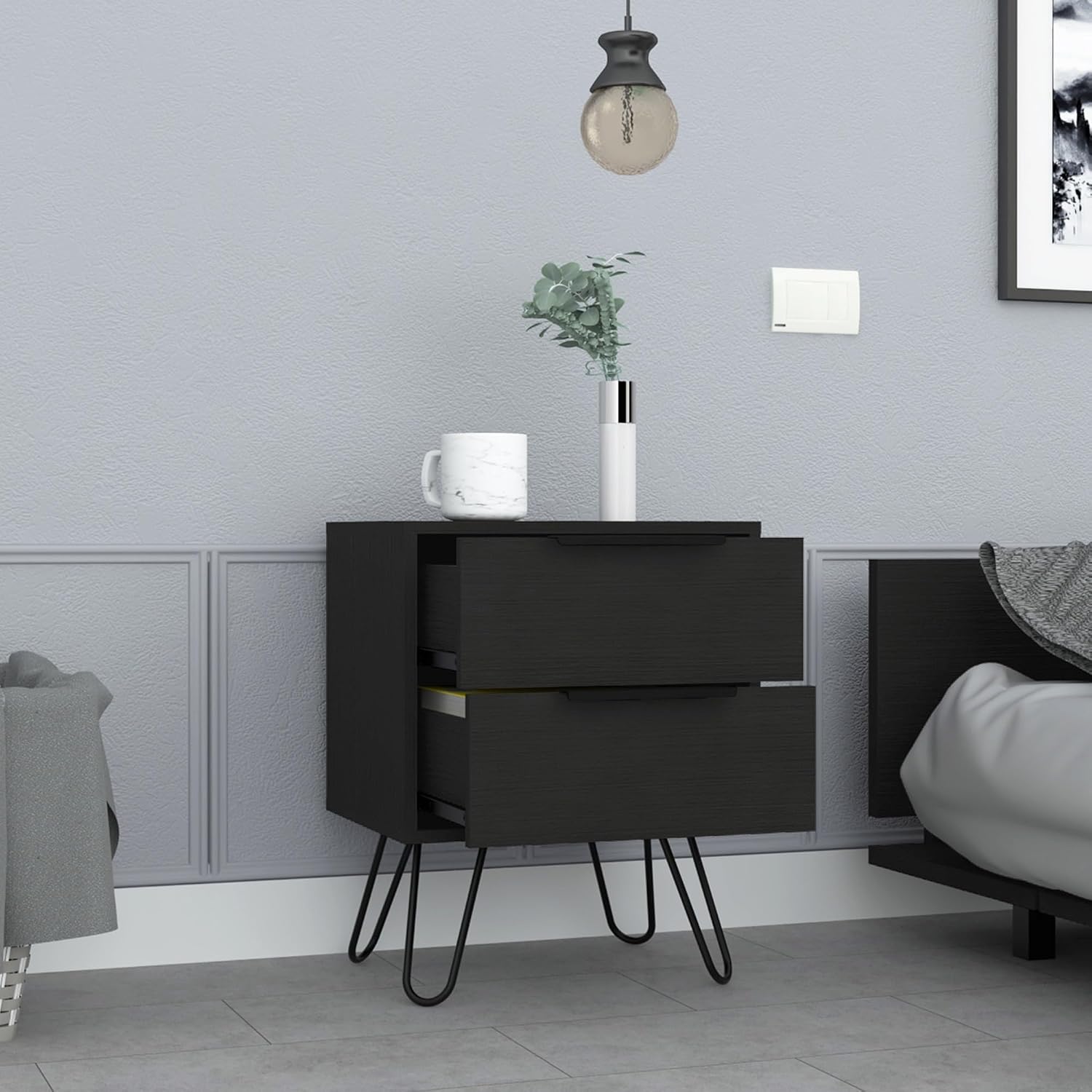 2 Nightstand, End Table, Side Table Four Legs, Two Drawers -Black,for Small Spaces
