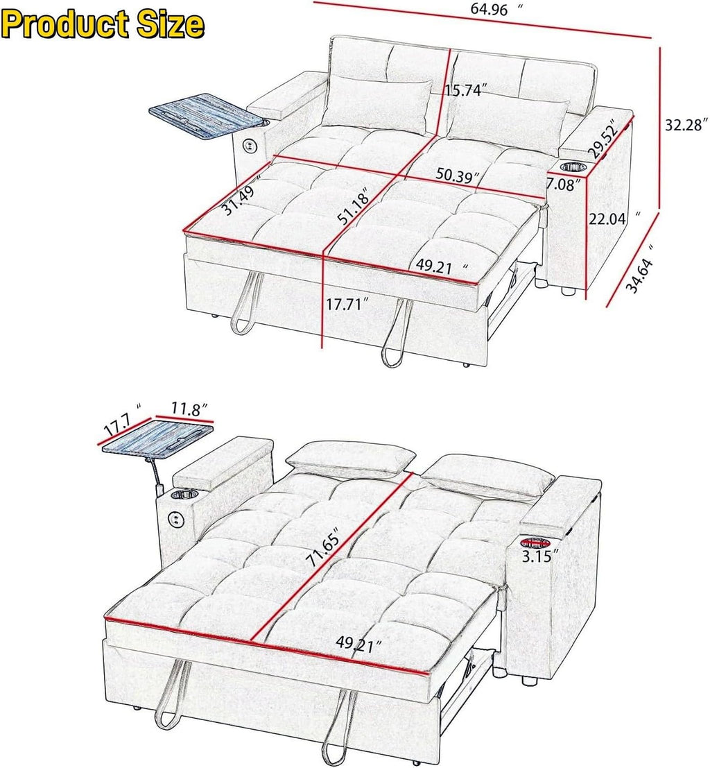 oaaktu ﻿ Large Size Convertible Sleeper Sofa Bed,Polka dot Velvet Pull Out Futon Couch with Storage handrails & Rotating Side Tables,Convertible Sofa Couch for Living Room,RV (Coffee)