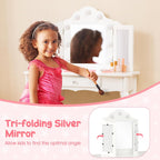 HONEY JOY Kids Vanity Set with Lighted Mirror, 2 in 1 Princess Toddler Dressing Table w/Tri-Fold Mirror & Drawer, Wooden Makeup Table & Chair Set, Pretend Play Vanity Set for Little Girls (White)