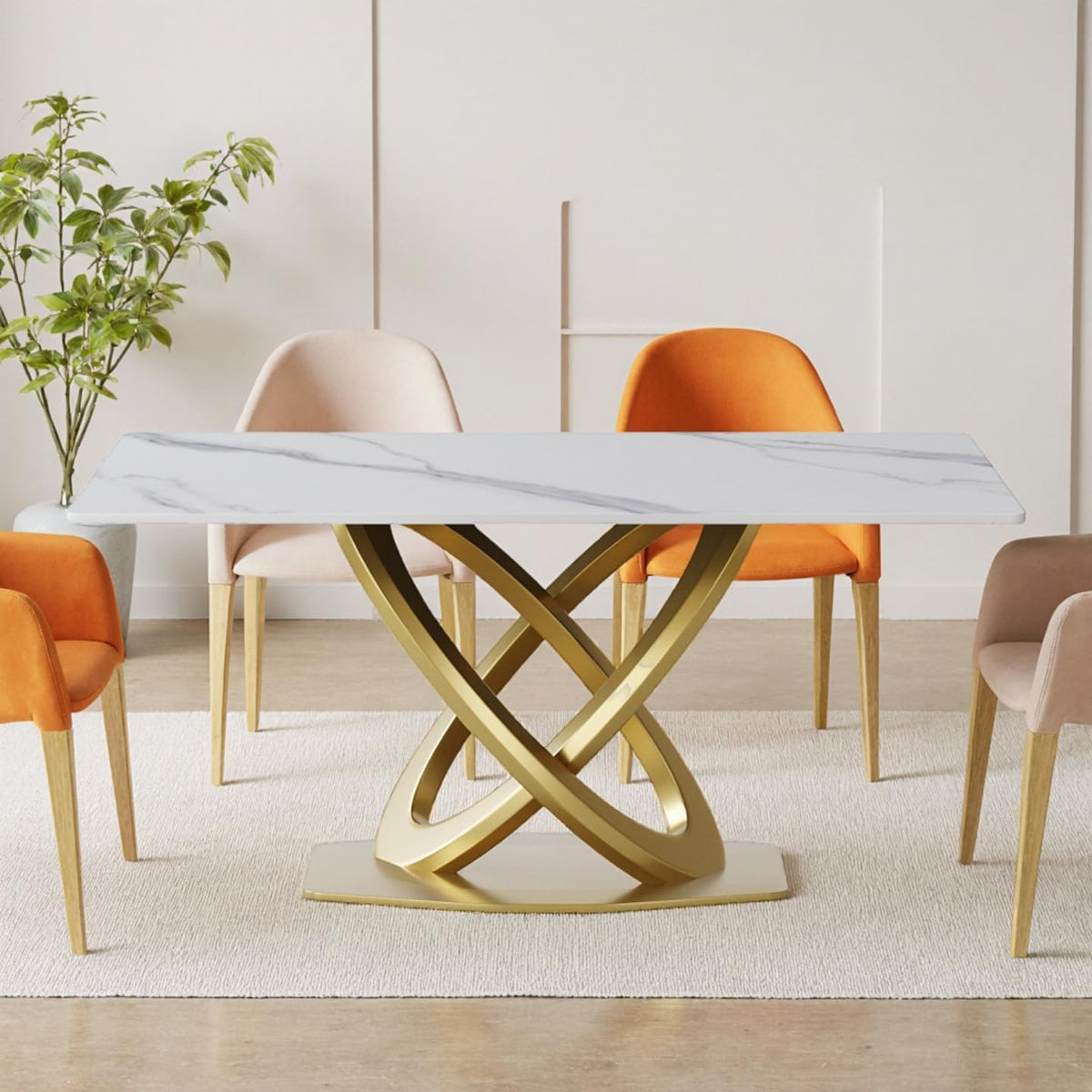 Montary Artificial Marble Dining Table, Modern 63”Sintered Stone Dining Table for 4-6 Seat, White Rectangle Dining Room Table with Gold Double-Ring Stainless Steel Base (Only Table)