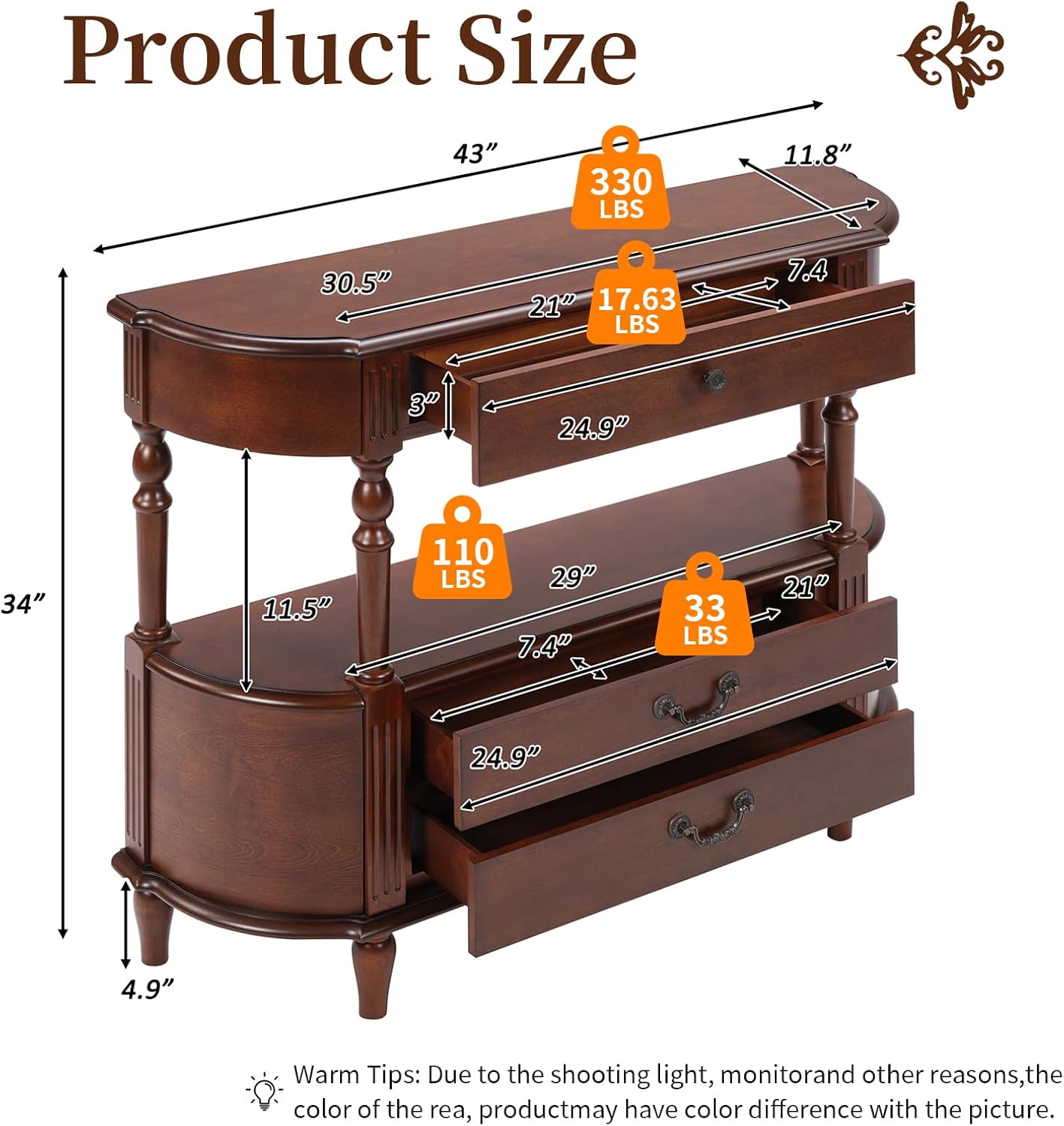 LKTART 43" Half Moon Console Table, Solid Wood Retro Curved Console Table Entryway Table Sofa Table with Solid Pine Roman Legs 3 Drawers 1 Open Shelf for Living Room,Foyer,Hallway(Cherry)