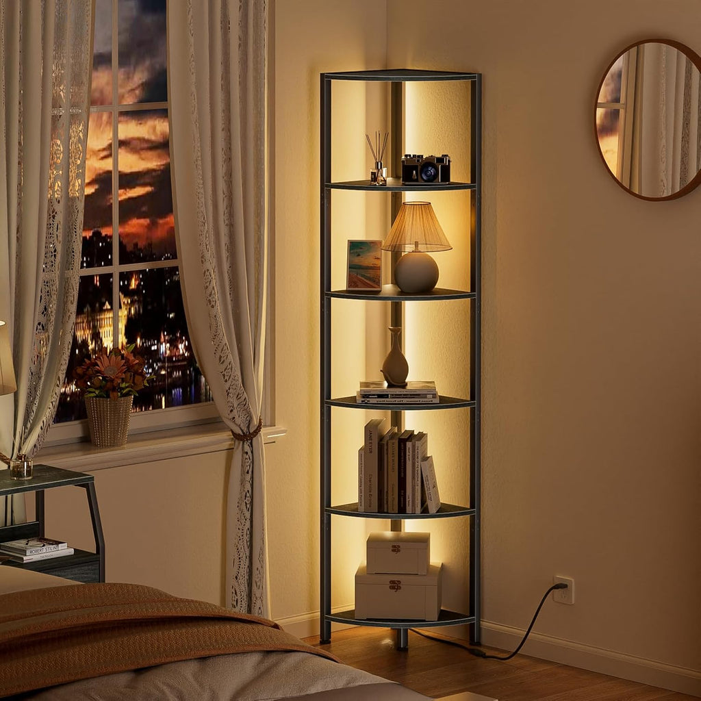 Furnulem 6 Tier Corner Shelf with LED Light, 67.5" Black Narrow Bookshelf | Tall Standing Shelf Organizer, Storage Rack for Wall Corner, Living Room, Bedroom, Metal Frame, Wood Display Shelf