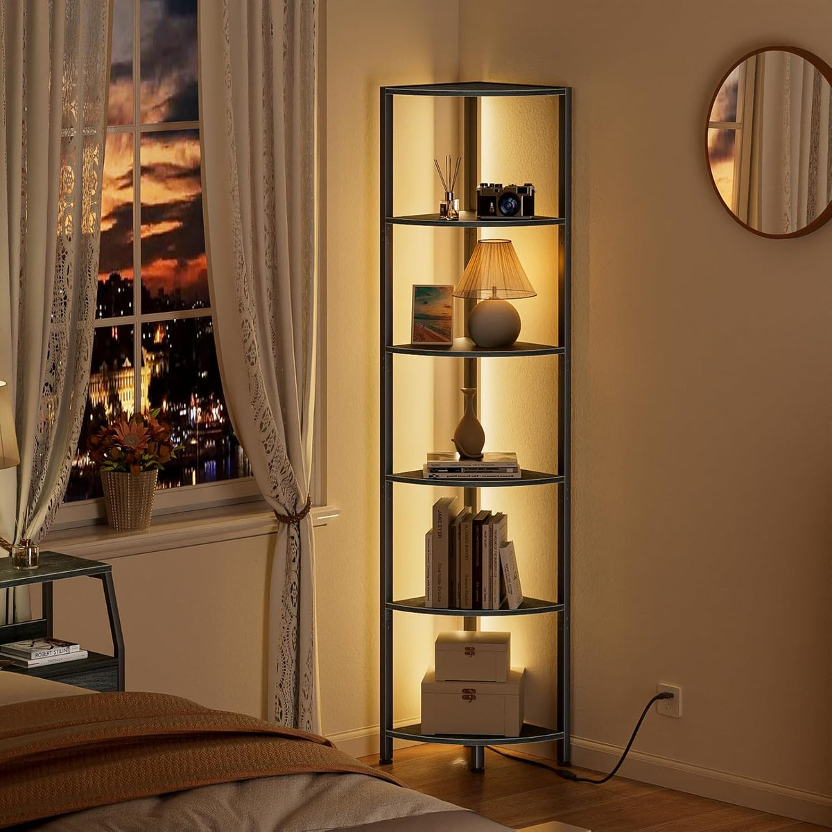 Furnulem 6 Tier Corner Shelf with LED Light, 67.5" Black Narrow Bookshelf | Tall Standing Shelf Organizer, Storage Rack for Wall Corner, Living Room, Bedroom, Metal Frame, Wood Display Shelf