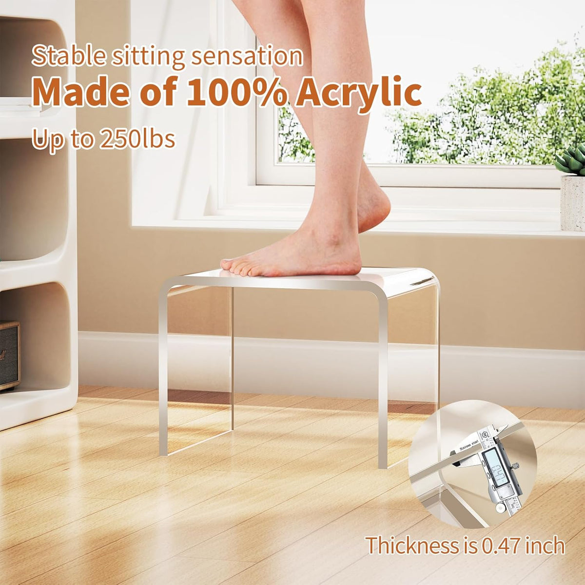 Acrylic Step Stool Small Stool, Clear Acrylic Foot Stool for Bathroom Bedroom Kitchen Holds Up to 250lbs Clear (with Non-Slip, 12.6'' x 9'' × 9.8'')