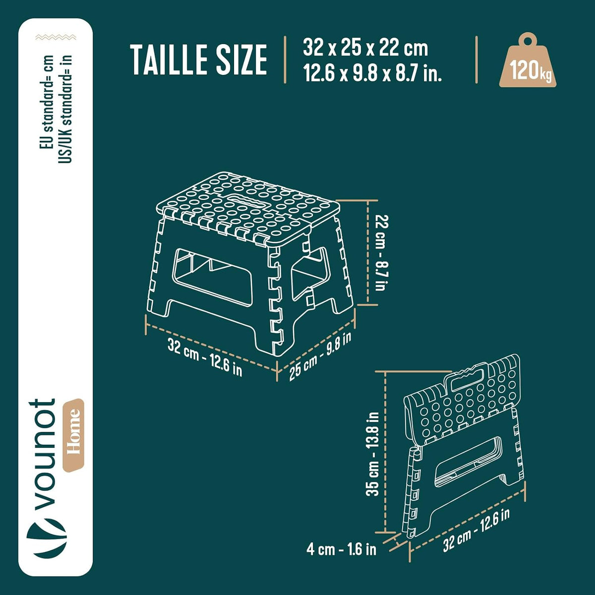 VOUNOT® Folding Step Stool, Portable Stepping Stool with Carrying Handle, Anti-Slip Folding Stool for Bathroom, Garden, Camping, Home, 32 x 25 x 22 cm, Black