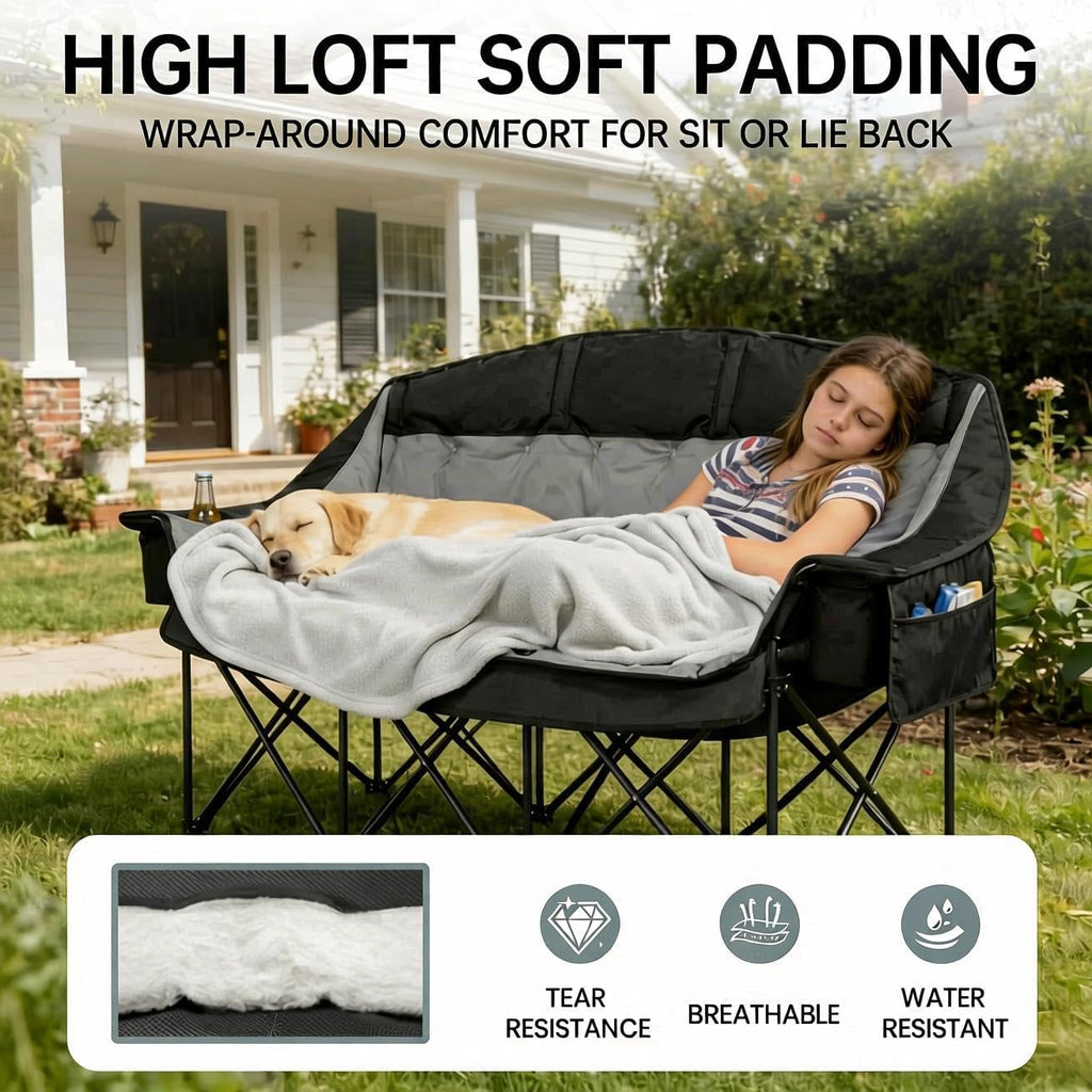 3 Person Camping Chair for Adults Folding Double Camping Chair Oversized Heavy Duty Camping Loveseat with Cup Holders & Carry Bag, Portable Outdoor Lawn Chair for Camping, Beach, Backyard Black & Grey