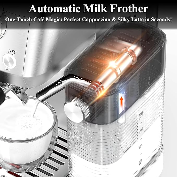 Cappuccino Coffee Machine with Automatic Milk Frother, Compact Espresso Machine with Pressure Gauge, Stainless Steel Cappuccino Maker with for Home, Office