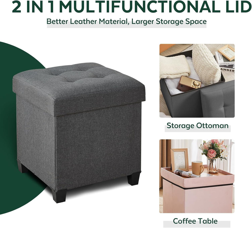 Ottoman with Storage, Square Storage Ottoman for Dorm, Linen Ottomans with Legs for Living Room, Bedroom, 17.7" D x 17.7" W x 19.9" H, Grey