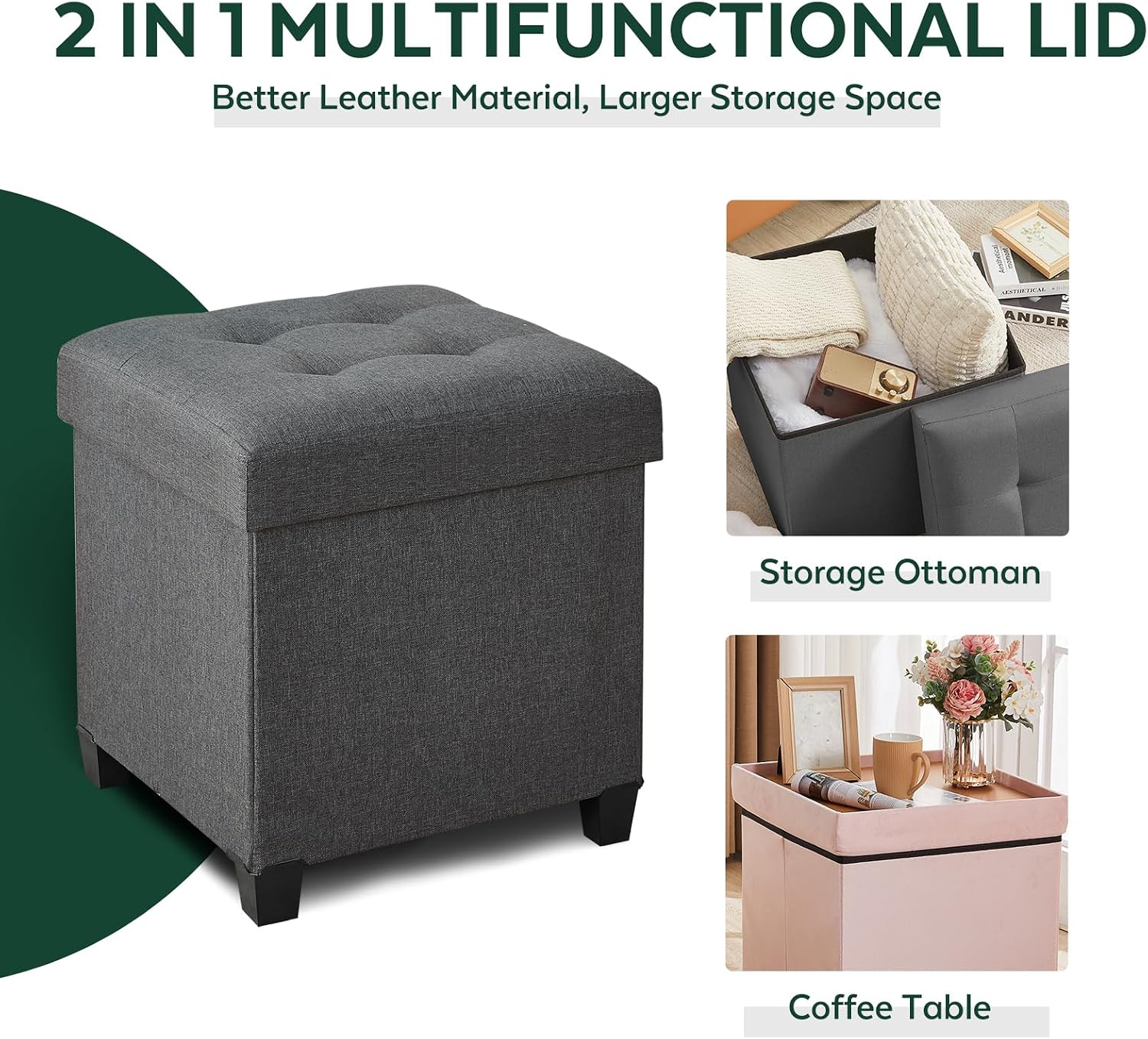 Ottoman with Storage, Square Storage Ottoman for Dorm, Linen Ottomans with Legs for Living Room, Bedroom, 17.7" D x 17.7" W x 19.9" H, Grey