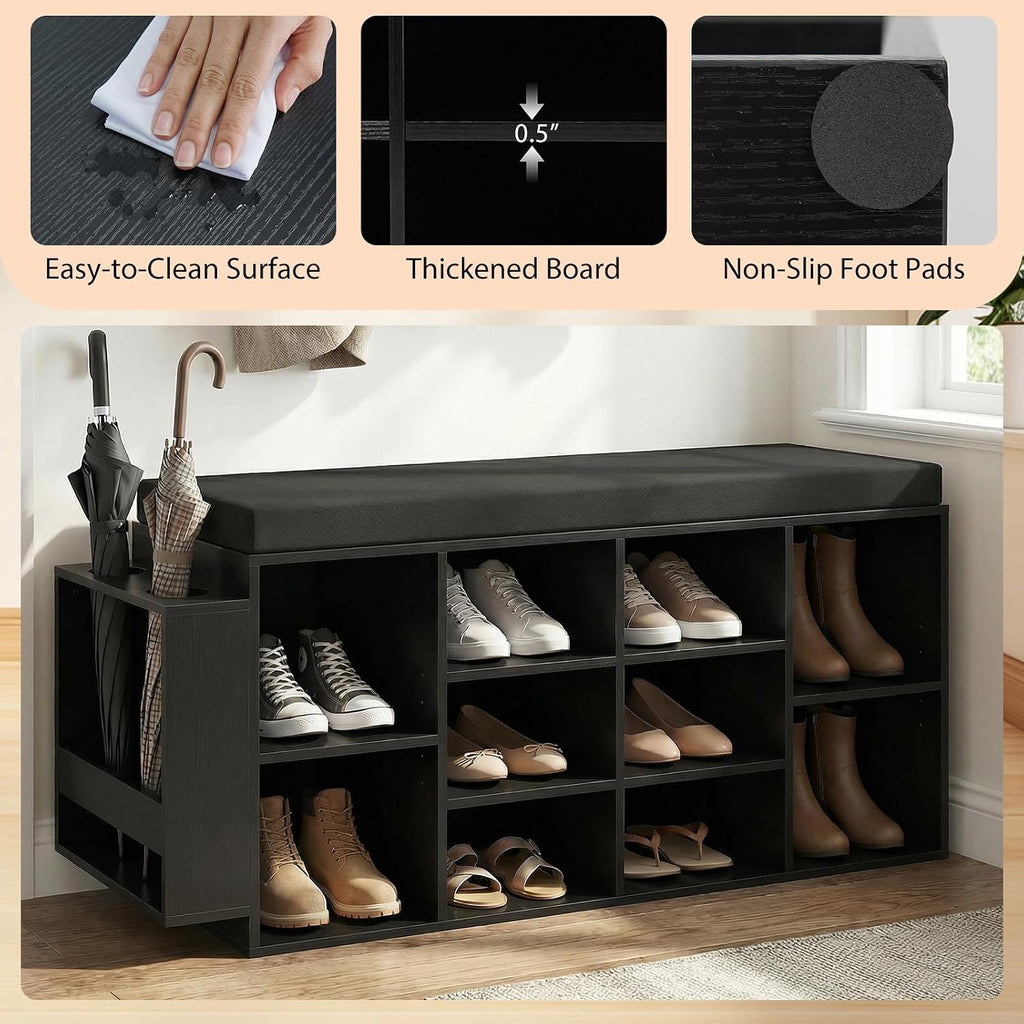 Tangkula Shoe Storage Bench with Umbrella Holder, 40" Shoe Organizer with Cushioned Seat, 10 Cubbies & Adjustable Shelves, Wooden Industrial Shoe Rack for Entryway, Living Room, Bedroom (Black)
