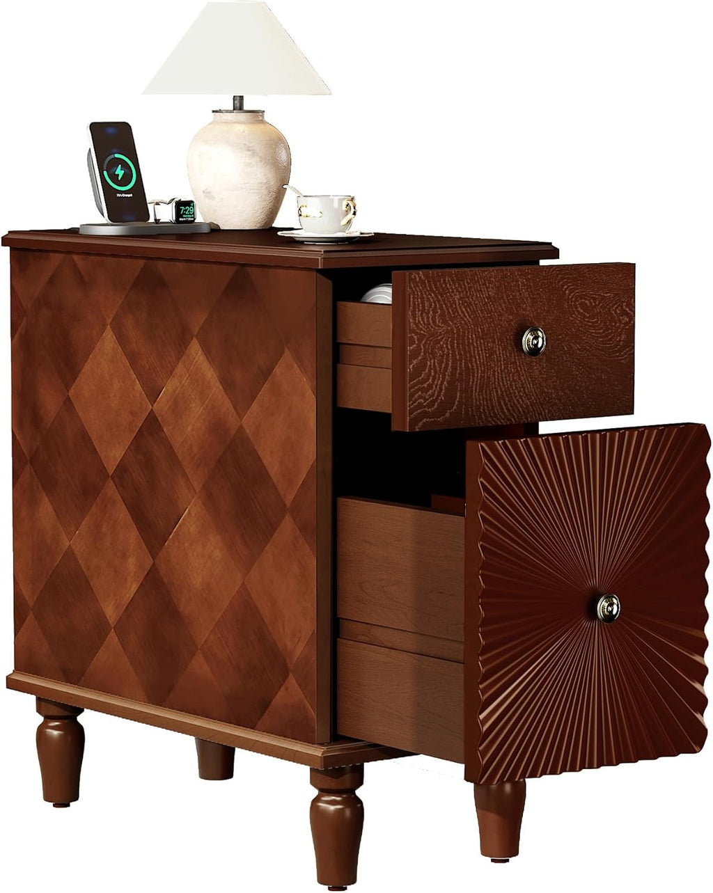 Narrow End Table with Charging Station, Slim Side Table with Drawers for Small Spaces, Long Nightstand with Storage, Traditional Small Bedside Cabinet for Living Room/Bedroom/Corner, Walnut