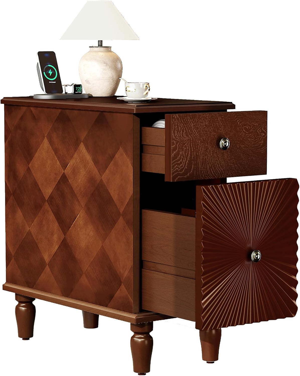KEIKI Narrow End Table with USB Ports & Outlet, Wooden 2 Drawer Sofa Side Table, Small Corner Nightstand Bedside Tables, Coffee Drink Table for Living Room & Bedroom, Easy Assembly, Brown
