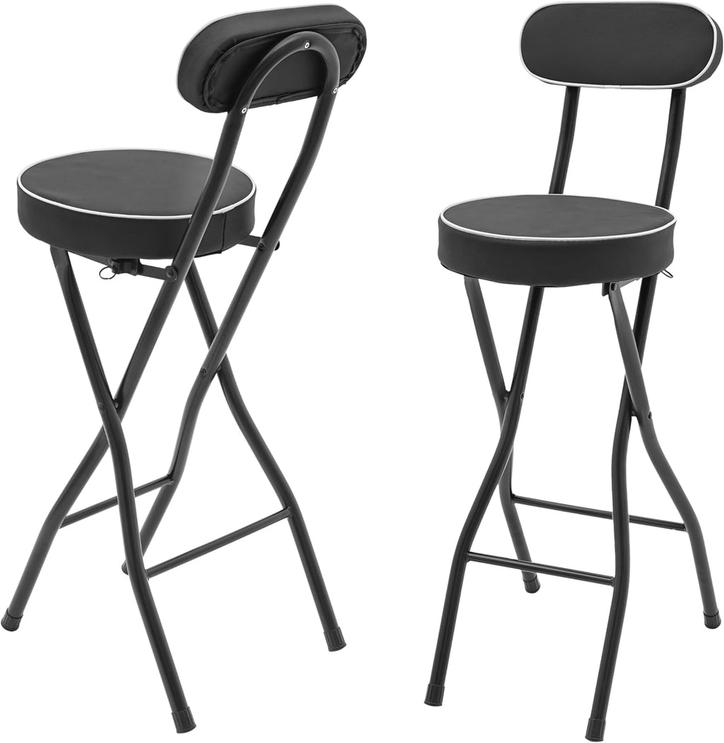 2Pcs-Folding Bar Stool with Back, Black Tall Foldable Chair Counter Height Collapsible Stool PU Leather Padded for Kitchen Island, Restaurant, Bar, Cafe Shop, Outdoor Camping