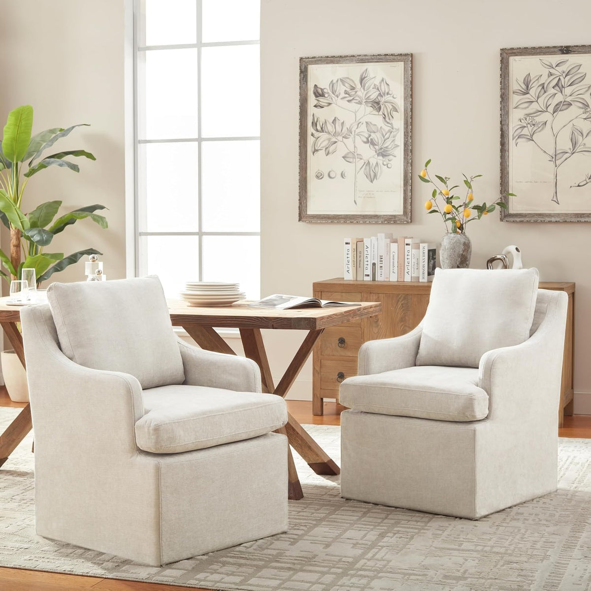VKNOW Upholstered Dining Chairs, Modern Kitchen Chairs Dinner Chairs with 4 Casters, Chenille Armchair for Bedroom Reading Room Living Room, Beige
