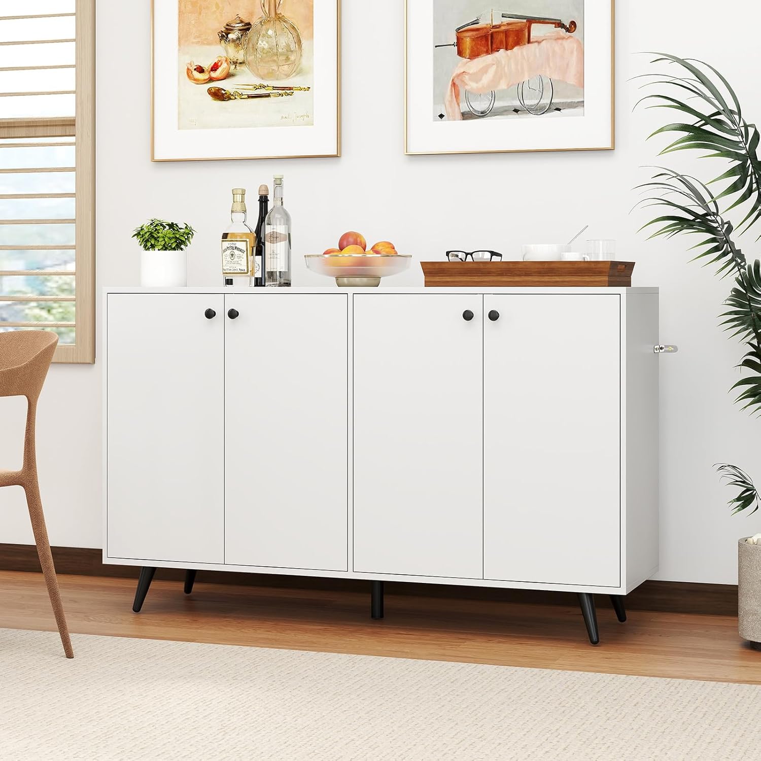 Giantex Sideboard Buffet Cabinet, 50’’ Accent Kitchen Storage Cabinet with 4-Door & 5-Position Adjustable Shelves, Modern White Sideboard with 5 Support Legs, Buffet Table for Coffee Bar, Living Room