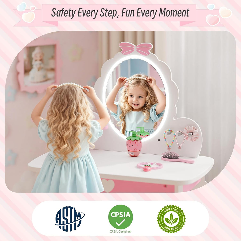 TOLEAD Girls Vanity Set with Lighted Mirror and Stool, Kids Vanity with Storage Space and Bow Pattern for Princess, Toddler Makeup Vanity Desk with Open Shelf and Bracelet Bods, White