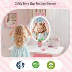 TOLEAD Girls Vanity Set with Lighted Mirror and Stool, Kids Vanity with Storage Space and Bow Pattern for Princess, Toddler Makeup Vanity Desk with Open Shelf and Bracelet Bods, White