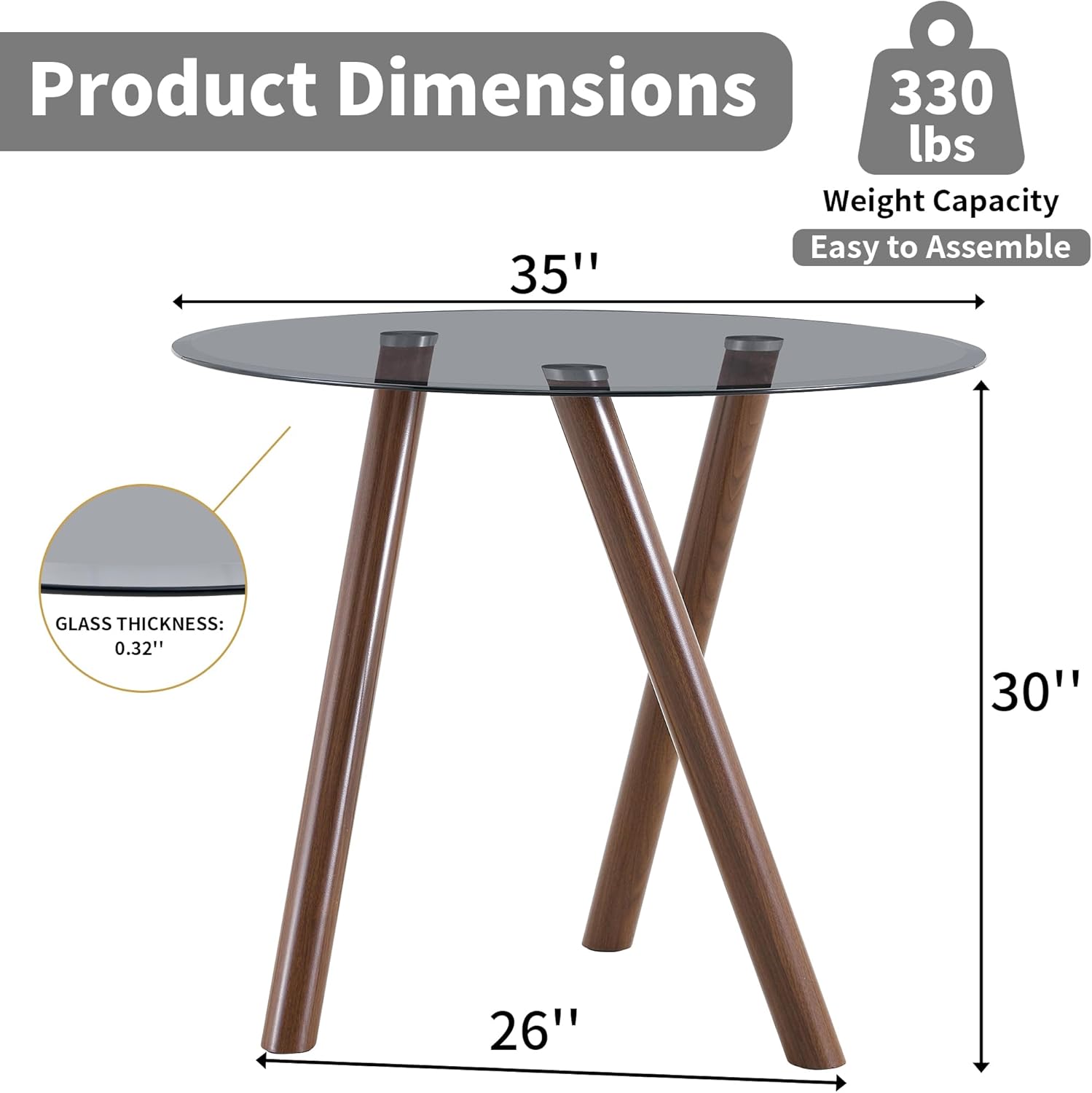 LKTART Small Glass Dining Table for 2-4 People, 35" Round Dining Table with Metal Legs, Glass Kitchen Table for Dining Room Home Office Small Spaces, Walnut