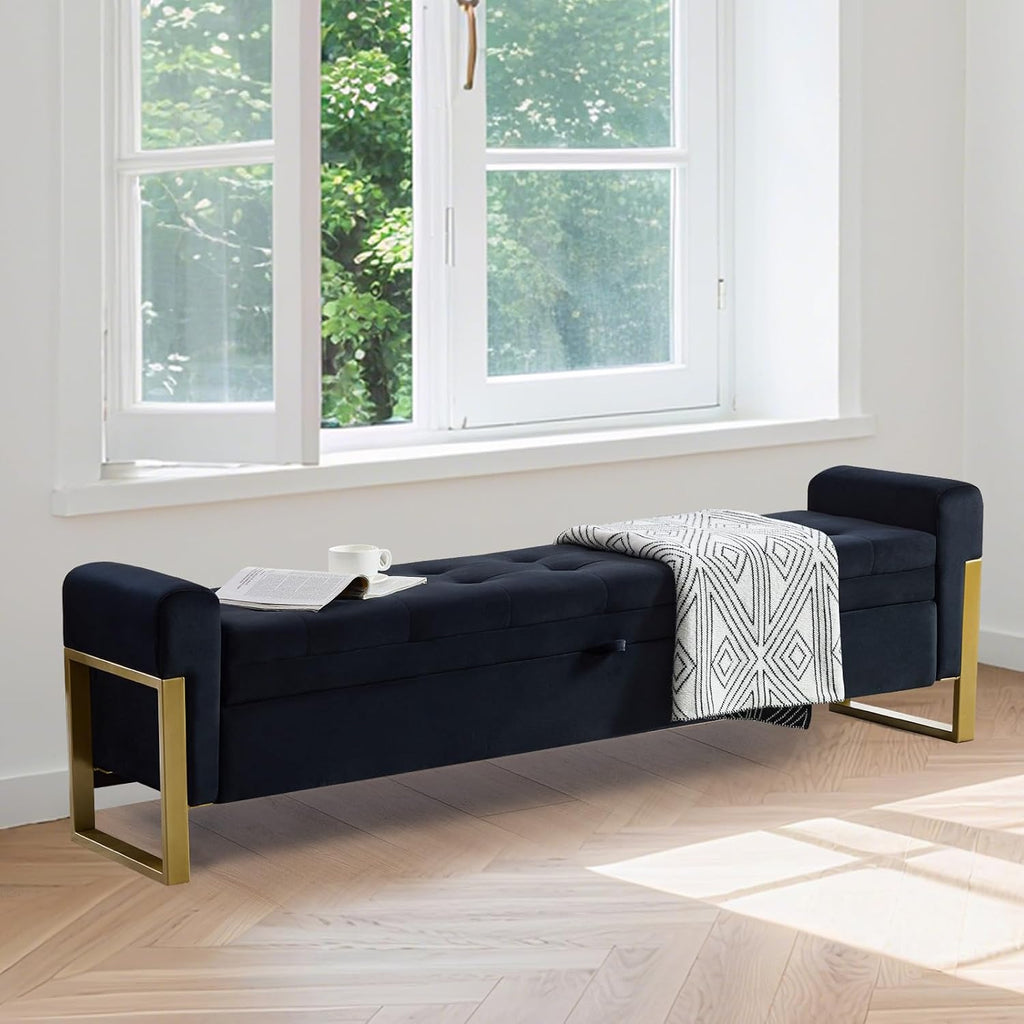 67" Storage Bench for Bedroom, King Size End of Bed Bench, Upholstered Storage Ottoman Bench with Golden Metal Legs, Bedroom Bench for Entryway, Black