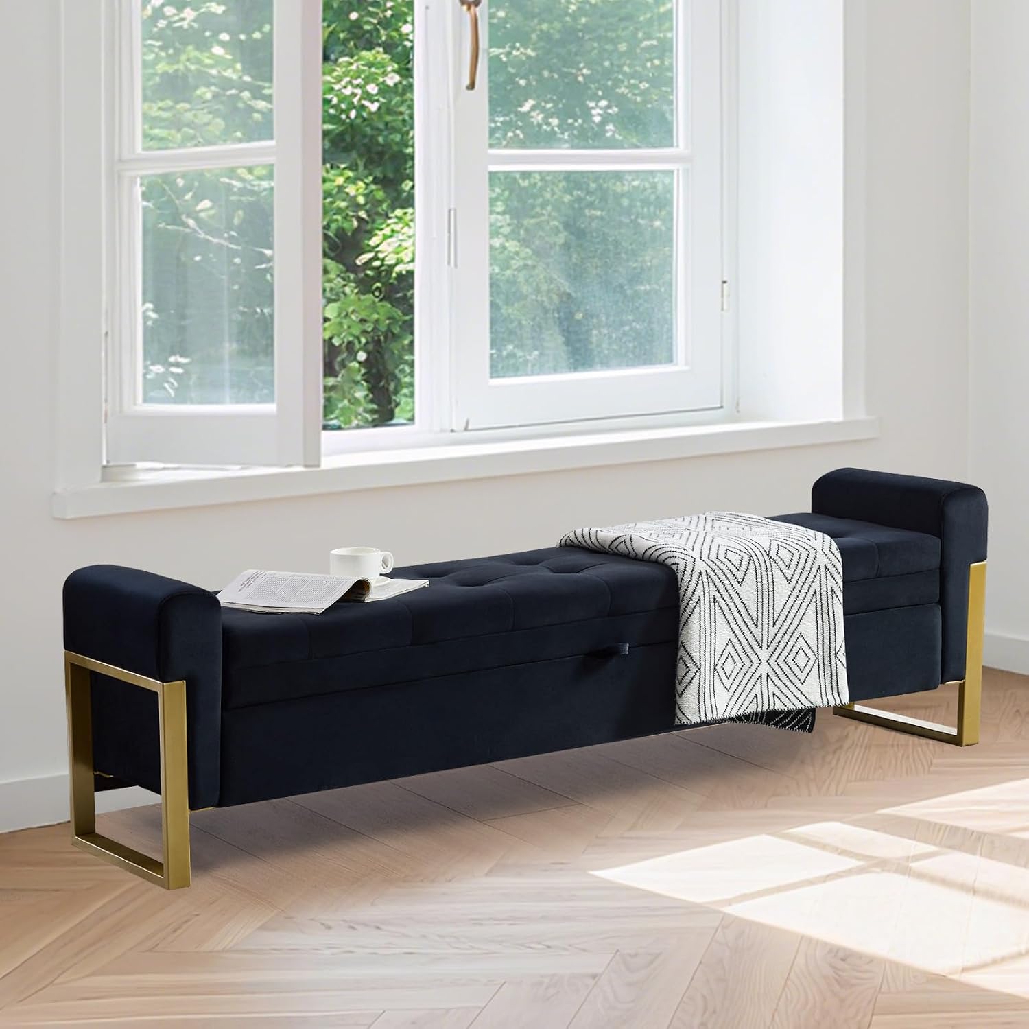 67" Storage Bench for Bedroom, King Size End of Bed Bench, Upholstered Storage Ottoman Bench with Golden Metal Legs, Bedroom Bench for Entryway, Black