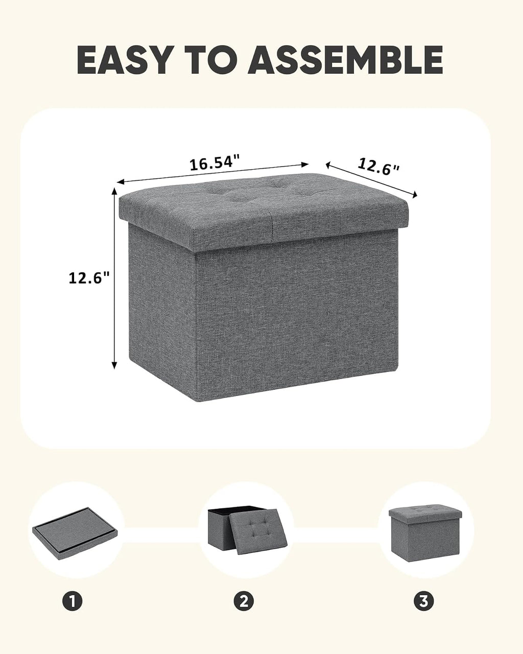 PINPLUS Button Tufted Folding Linen Storage Ottoman 16.5", 36L Collapsible Storage Cube with Lid, Supports 250 lbs, Fabric Foot Rest Ottoman for Living Room, Bedroom, Entryway,Grey