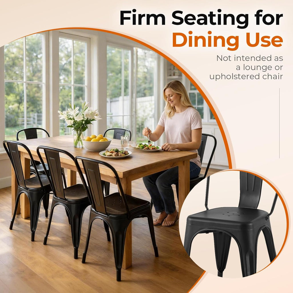 Set of 8 Midnight Black Metal Dining Chairs, Classic Tolix Style Stackable Kitchen Chairs, Durable Steel Seating for Indoor Cafe & Bistro