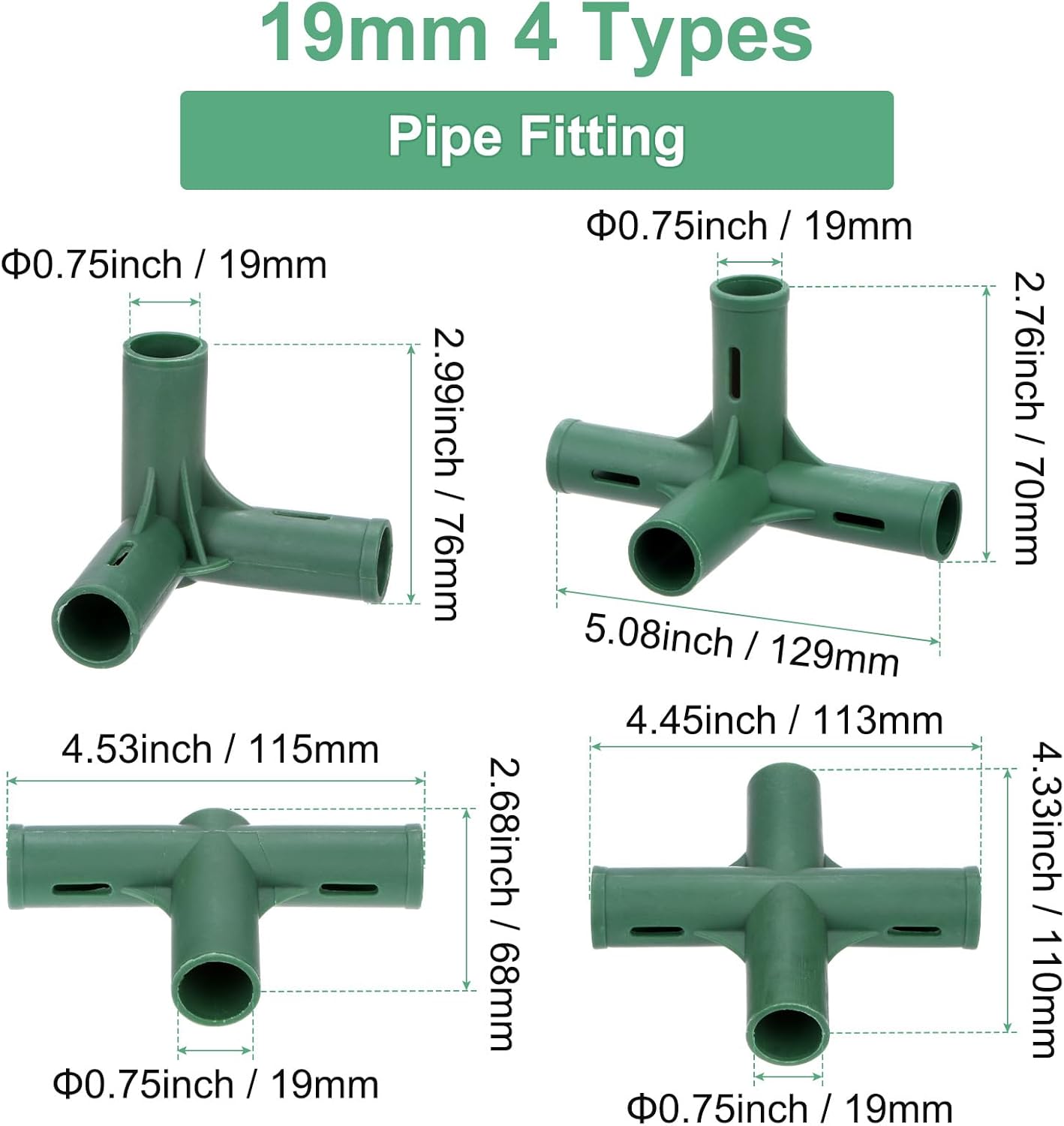 16 Pcs 19mm Greenhouse Frame Building Connectors, 4 Types Pipe Fitting for Grape Trellis/Sunscreen Shed/Gardening Plant Stakes, Greenhouse Accessories [Green]