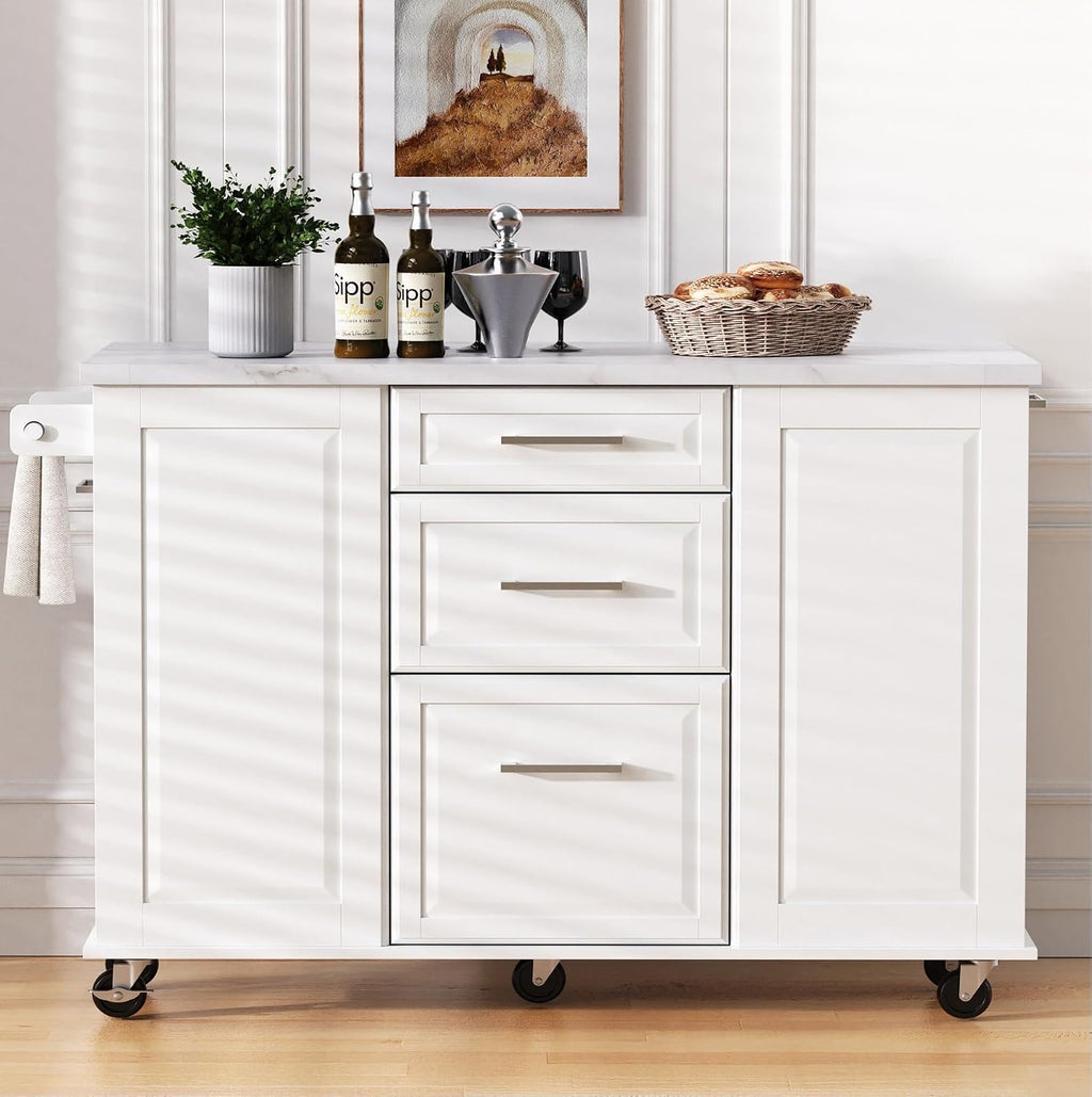 50.7" Kitchen Island with Trash Can Storage Cabinet & Drop Leaf | Island Table for Kitchen, White Faux Marble Top, Double-Tier Pull-Out Cabinet, Foldable Workspace, 5 Wheels