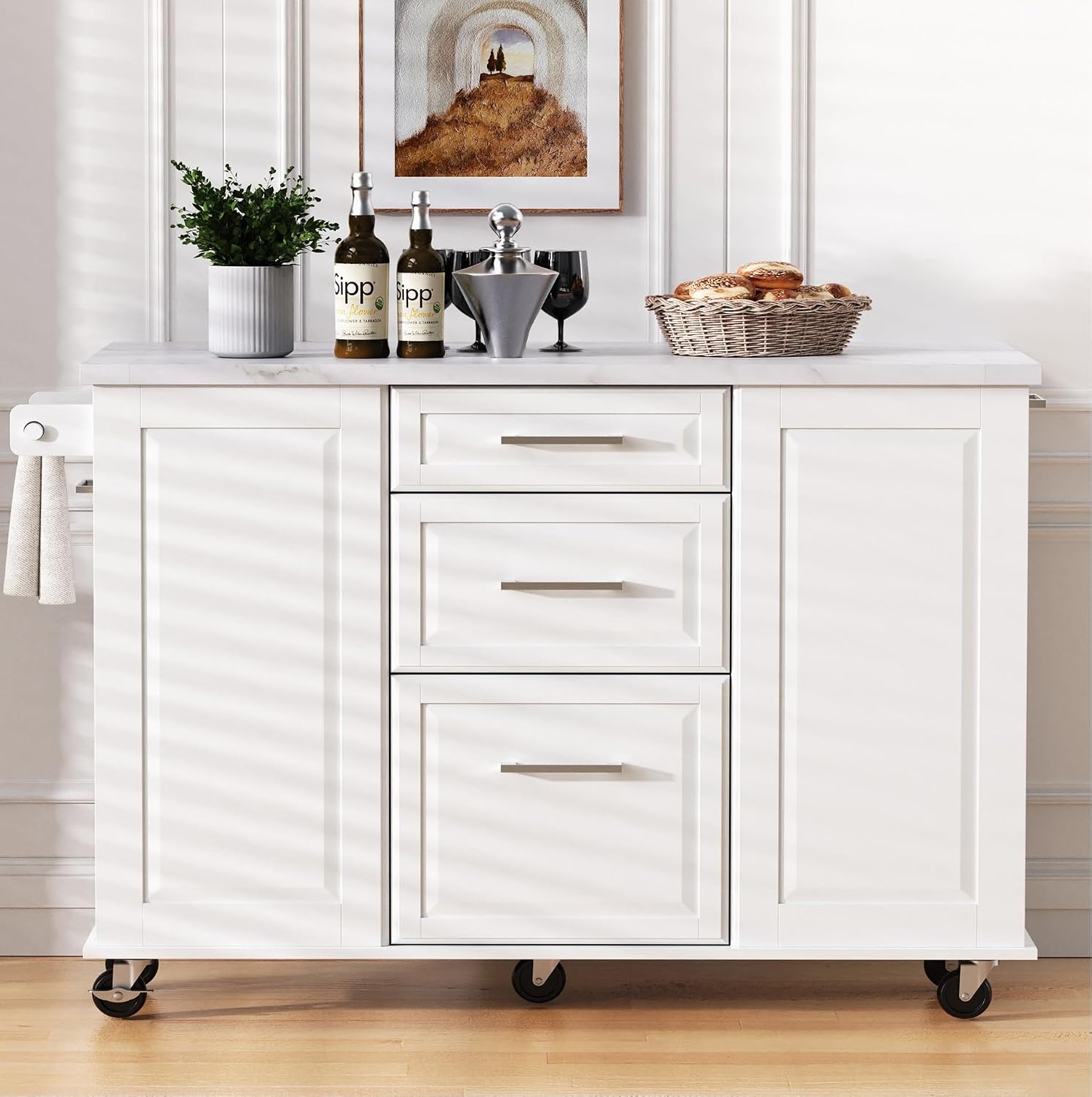 50.7" Kitchen Island with Trash Can Storage Cabinet & Drop Leaf | Island Table for Kitchen, White Faux Marble Top, Double-Tier Pull-Out Cabinet, Foldable Workspace, 5 Wheels