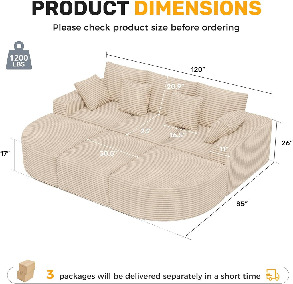 120" Oversized Round Sofa Bed, Modular Sectional Cloud Couches for Living Room, Convertible Corduroy Couch Sleeper Sofa Set, No Assembly Required, Khaki 1 PCS