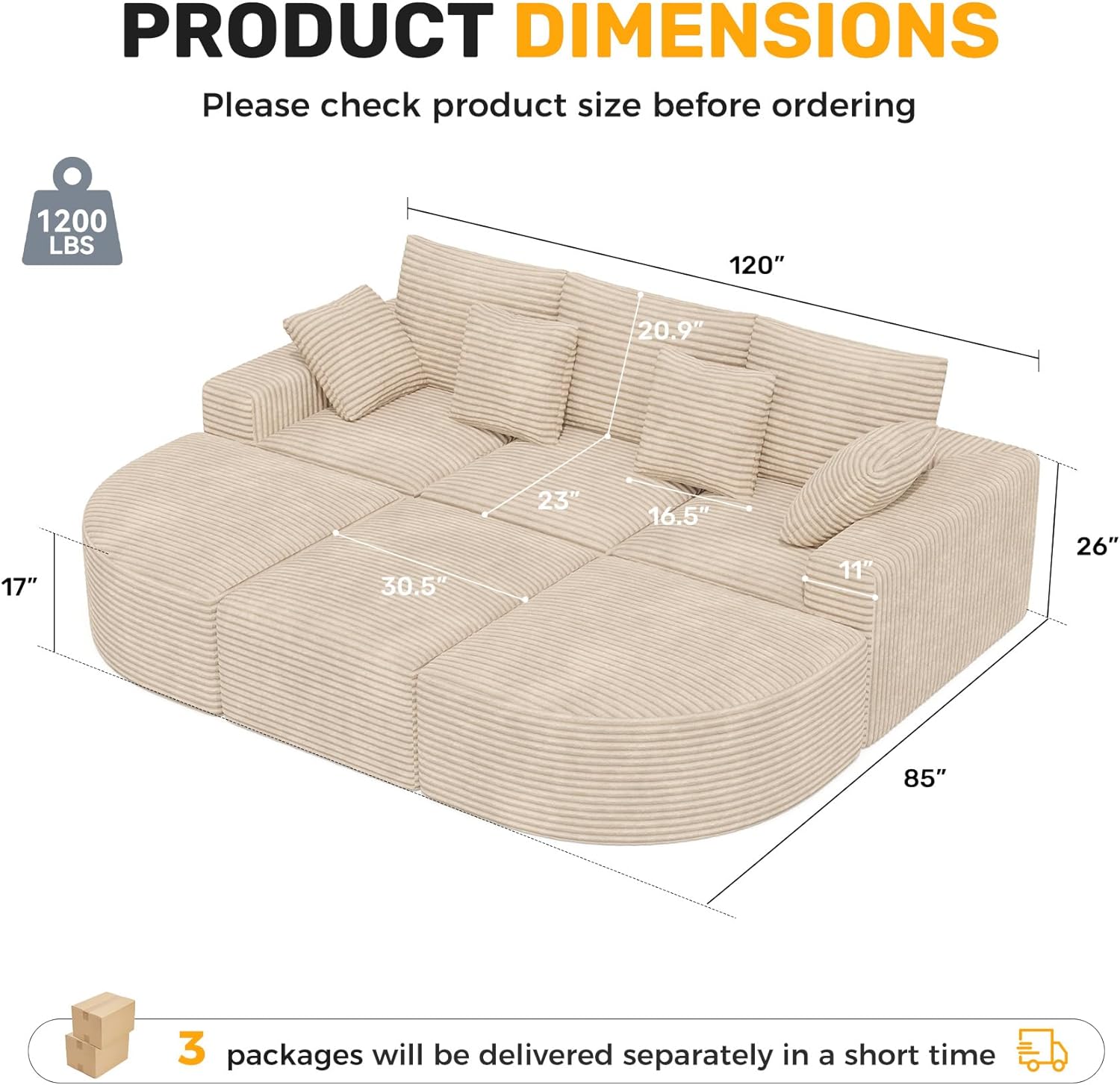 120" Oversized Round Sofa Bed, Modular Sectional Cloud Couches for Living Room, Convertible Corduroy Couch Sleeper Sofa Set, No Assembly Required, Khaki 1 PCS