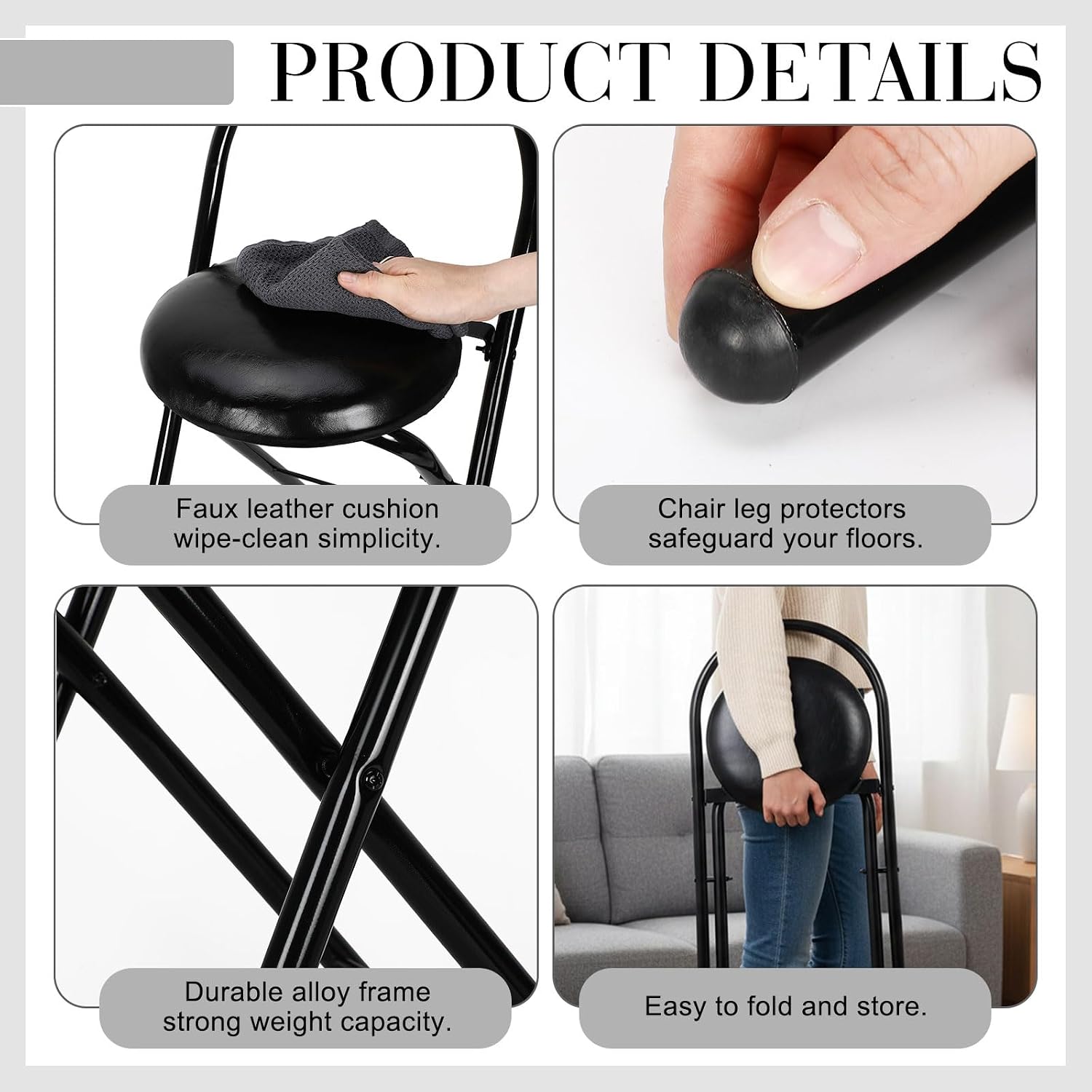 CroBlissful 2 Pcs 24 Inch Folding Bar Stool with Backrest, Leather Padded Folding Stools for Adults up to 350lbs, Collapsible Round Counter Height Stool Chair for Camping Kitchen Shop Cafe (Black)