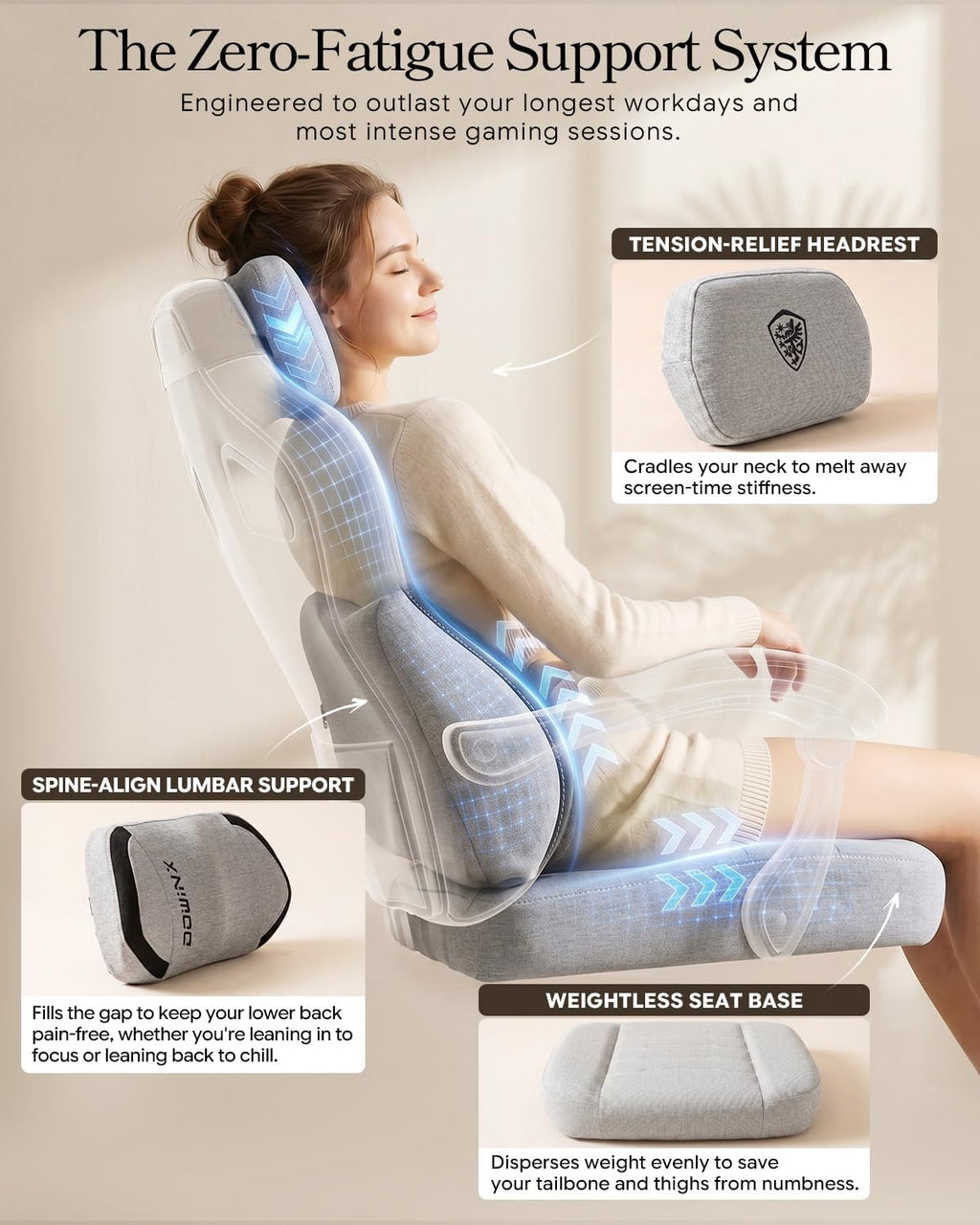 Dowinx Big and Tall Gaming Chair with Footrest, Gray | Breathable woven fabric with lumbar support and extra-wide seat back; big-and-tall frame fits larger, heavier users.