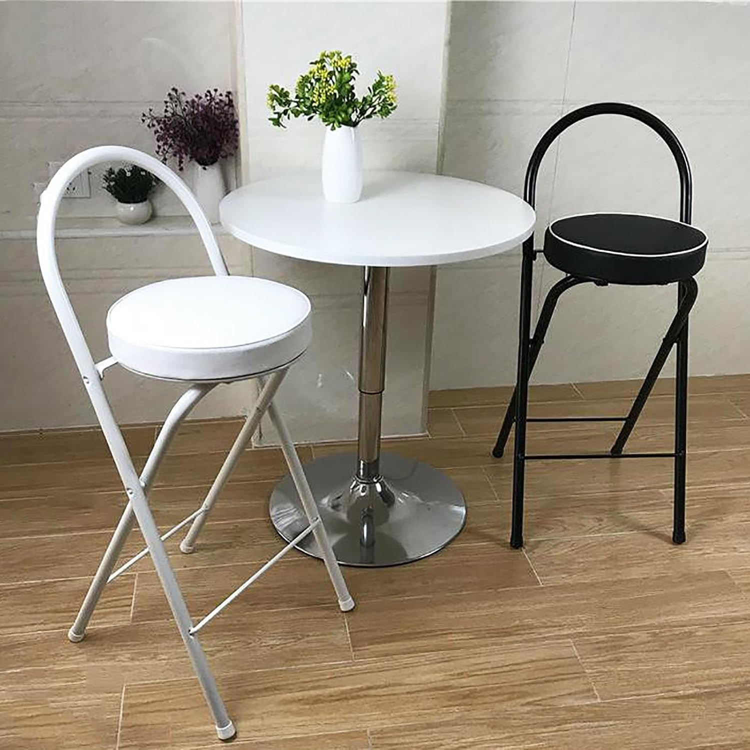 QQXX Folding Bar Stool with Footrest,Leather Padded Folding Kitchen Stool,Portable Counter Height Foldable Stool Tall Bar Stools for Outdoor Kitchen Shop Cafe(2 Pc, White Seat Height 25.5")