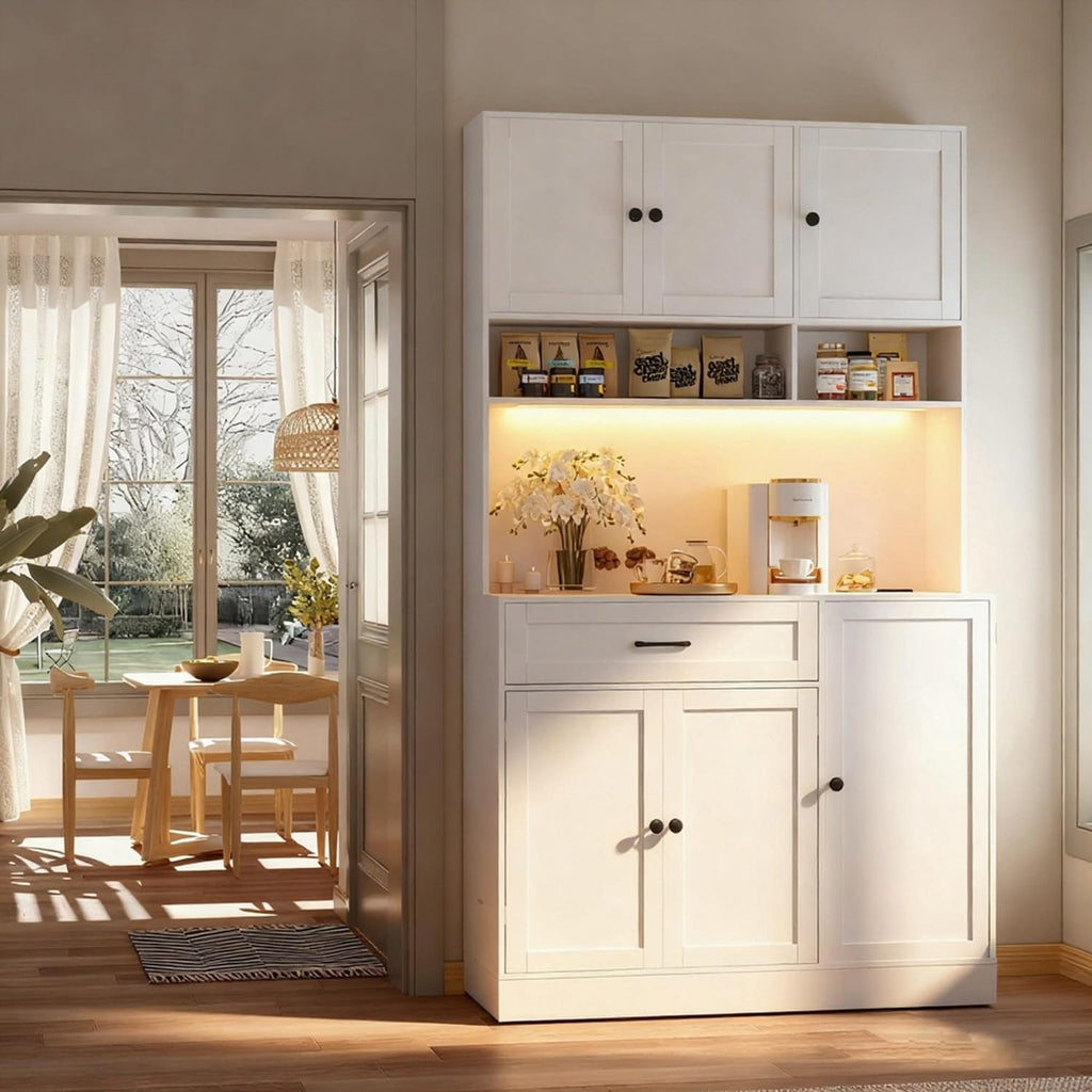 FJTJBSI 72" Kitchen Pantry Cabinet with Charging Station and LED Light Tall Pantry Storage Cabinet with Adjustable Shelves Freestanding Kitchen Hutch with Countertop for Dining Room White