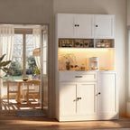 FJTJBSI 72" Kitchen Pantry Cabinet with Charging Station and LED Light Tall Pantry Storage Cabinet with Adjustable Shelves Freestanding Kitchen Hutch with Countertop for Dining Room White