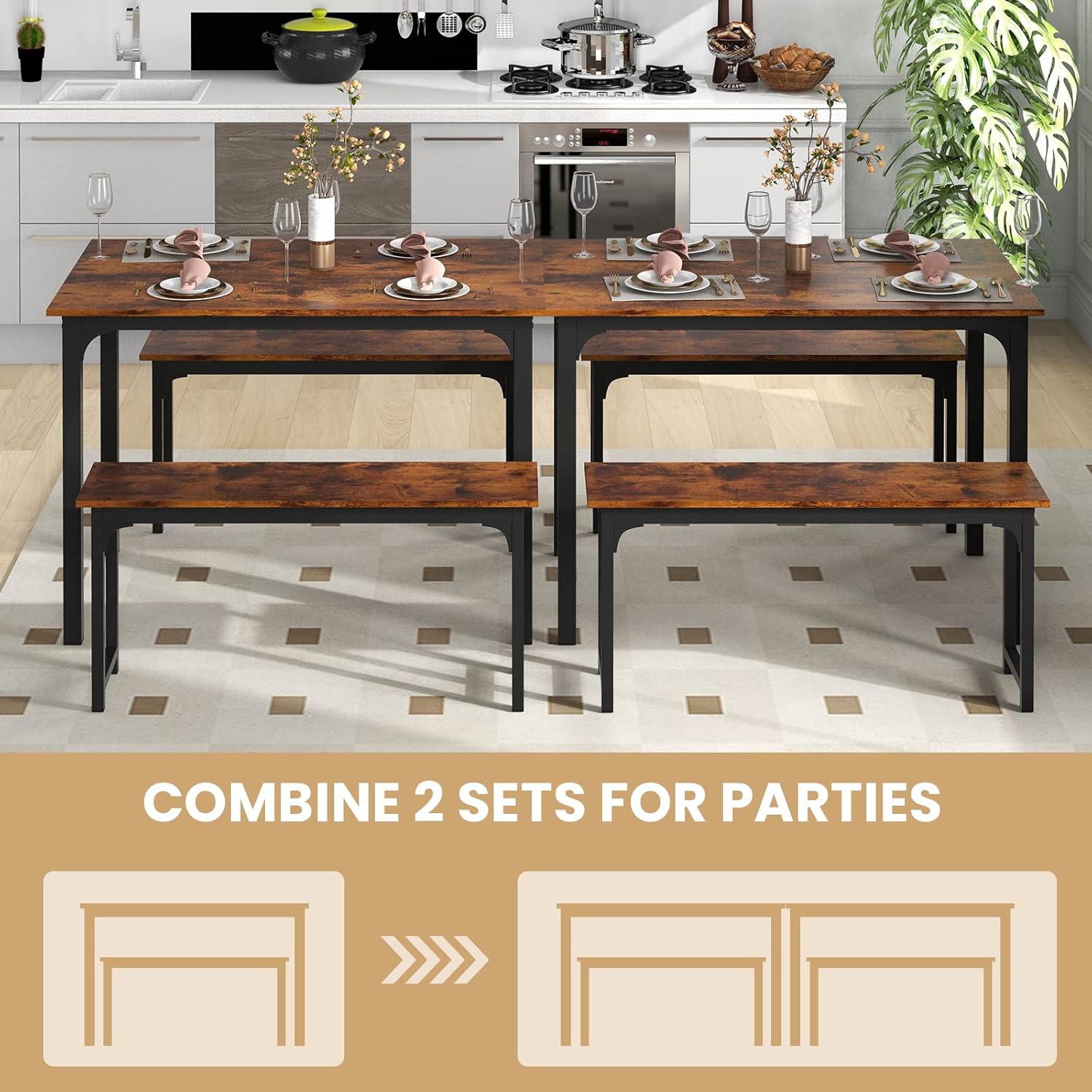 Tangkula 3-Piece Dining Table Set with Bench, Rectangular Kitchen Table with 2 Benches, Metal Frame, Space-Saving Furniture, Modern 4-Person Dinette for Kitchen, Dining Room (Rustic Brown)