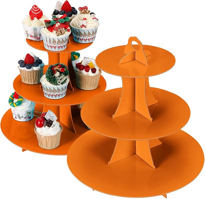 2Pcs 3-Tier Cupcake Stand, Cake Stand holder, Tiered DIY Cupcake Stand Tower for Dessert Table Displays, Birthday Theme Party Favors Decoration, Floral Tea Party, 12" W x 12.8" H, Orange