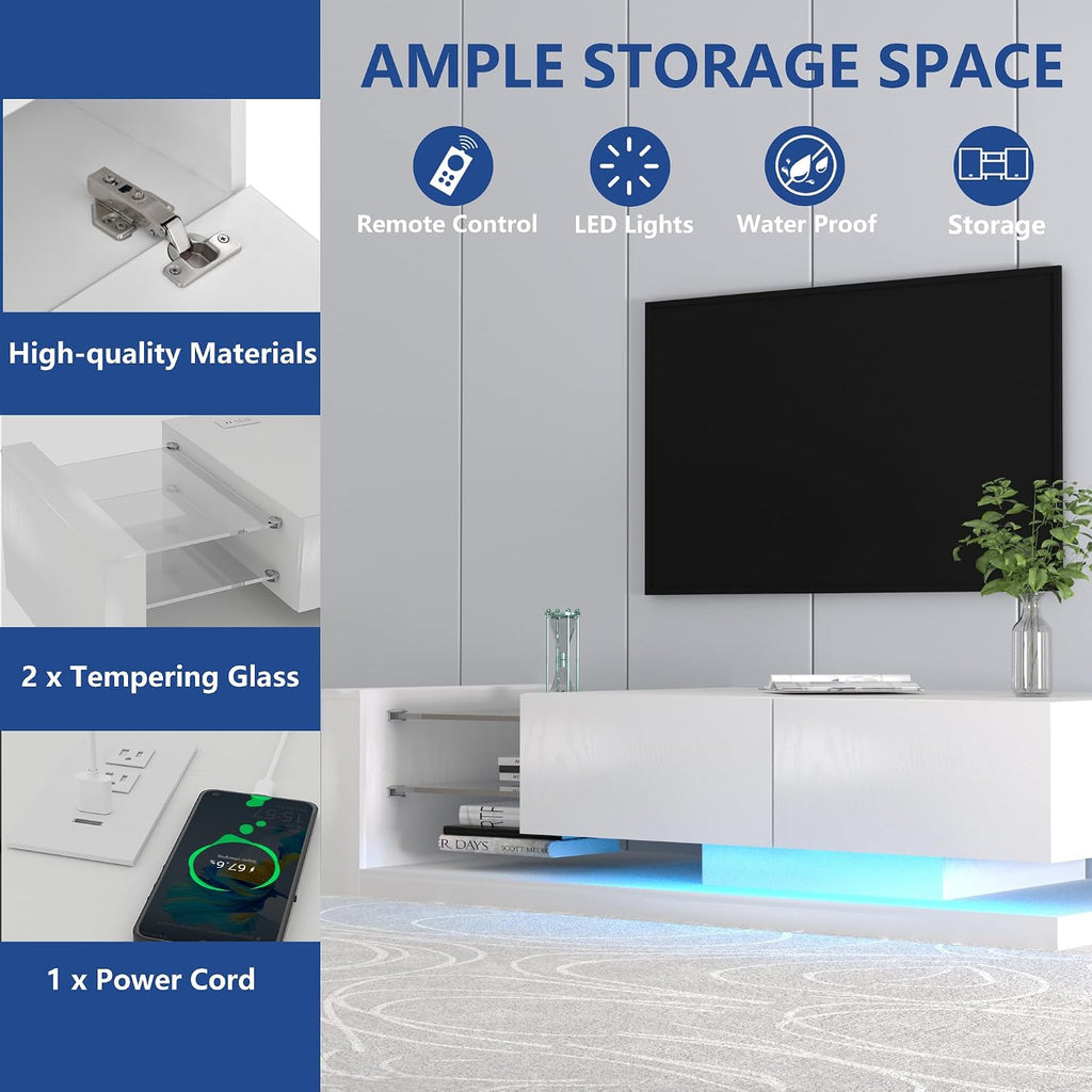 BAMACAR White TV Stand - Long Entertainment Center for 70-80 Inch TVs with Storage