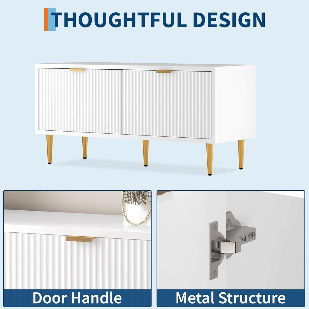 Garvee Shoe Storage Bench for Entryway, Modern Fluted Shoe Cabinet with Storage, Compact Wooden Mudroom Bench for Hallway, Foyer, Entrance, Front Door, White