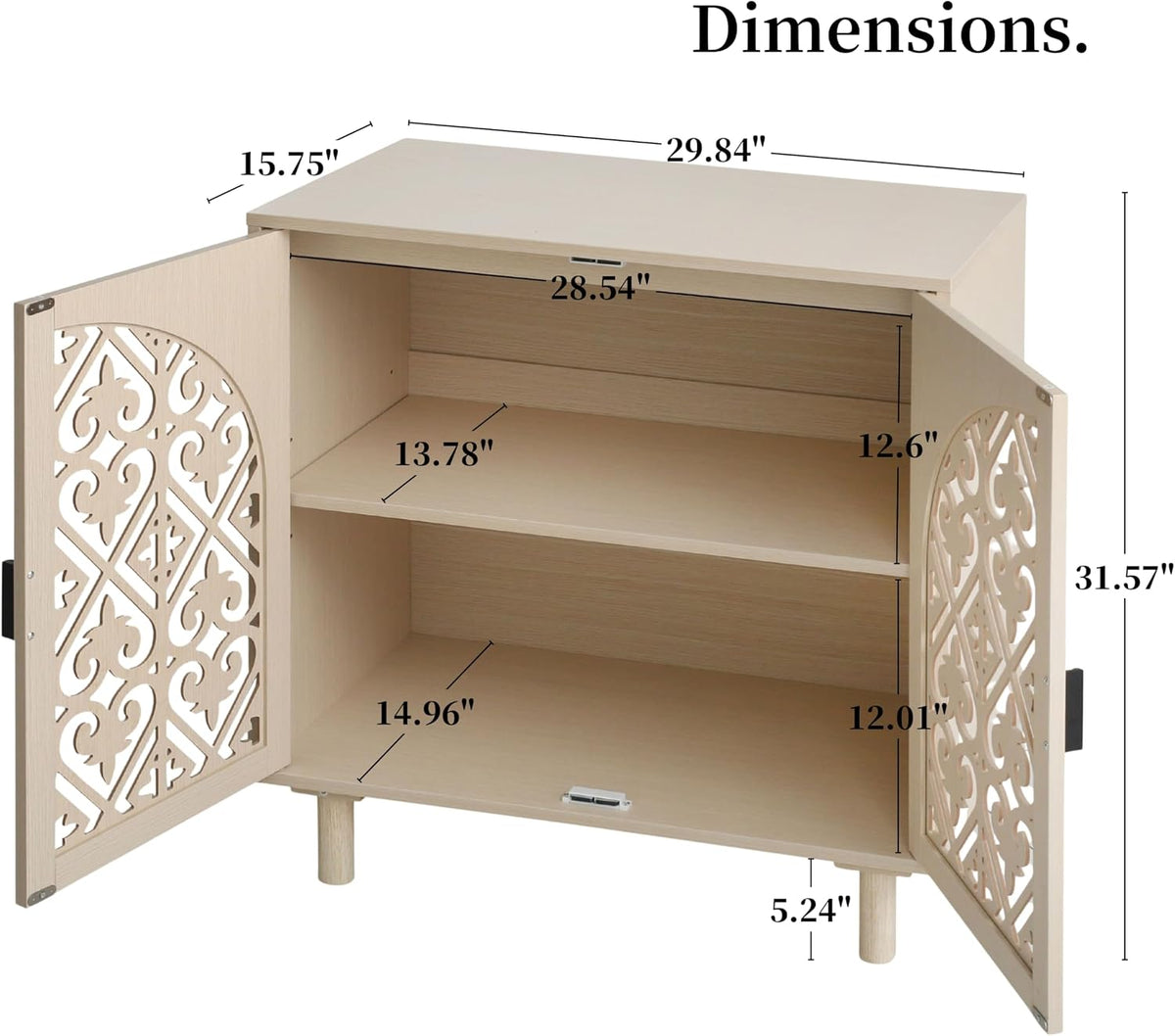 Decorative Storage Cabinet Sideboard with Hollow Carved Panels, 2 Doors, Natural Wood, 29.8 x 31.6 x 15.8 Inches. [Beige, 1pc]