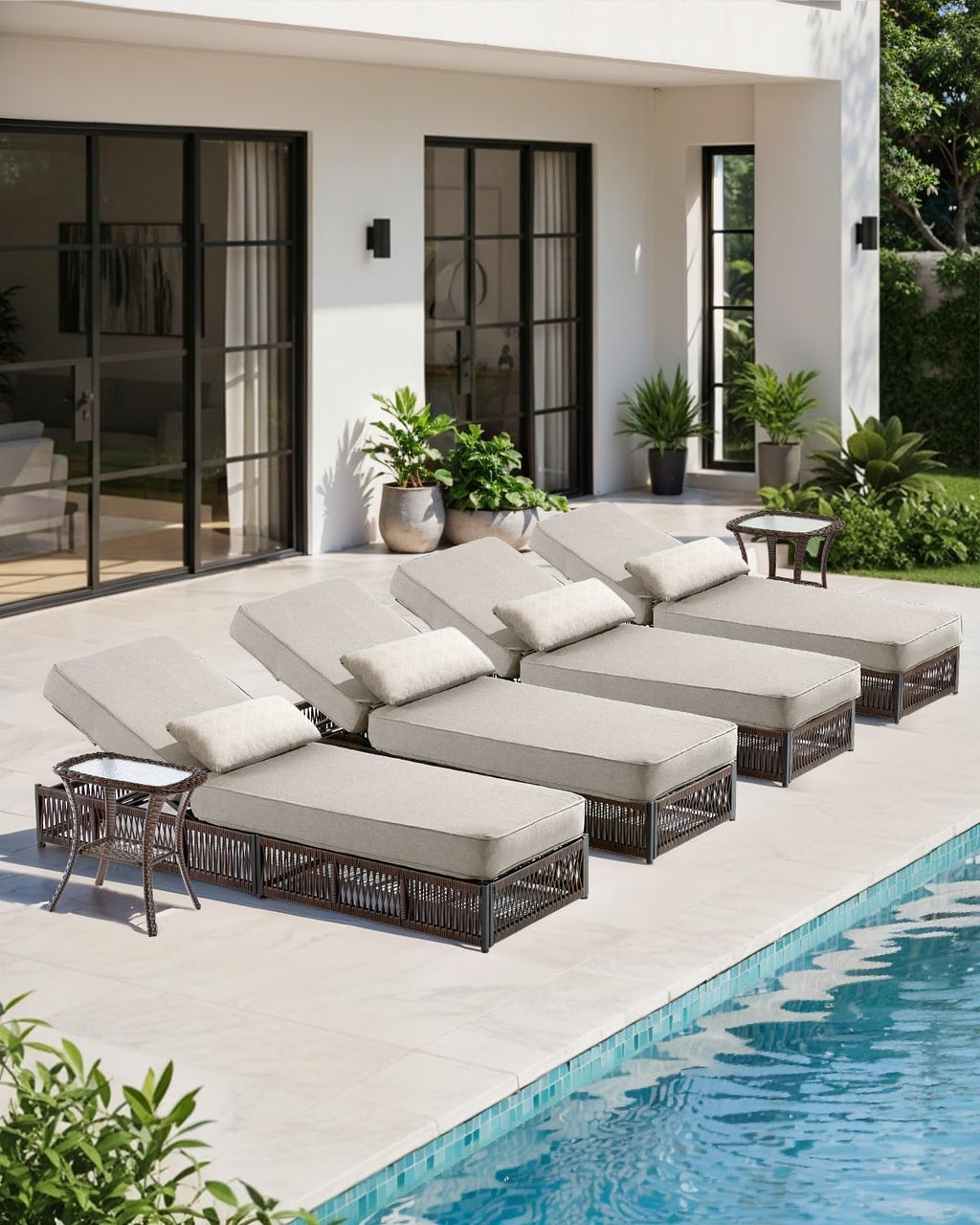 Luxury Outdoor Chaise Lounge with 5 Inch Thickened Cushion - 1 Set High Back Outside Brown Wicker Patio Recliners Rattan Reclining Chair Porch Poolside Pool Sunbathing Lounger - Beige