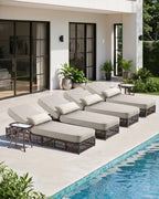 Luxury Outdoor Chaise Lounge with 5 Inch Thickened Cushion - 1 Set High Back Outside Brown Wicker Patio Recliners Rattan Reclining Chair Porch Poolside Pool Sunbathing Lounger - Beige