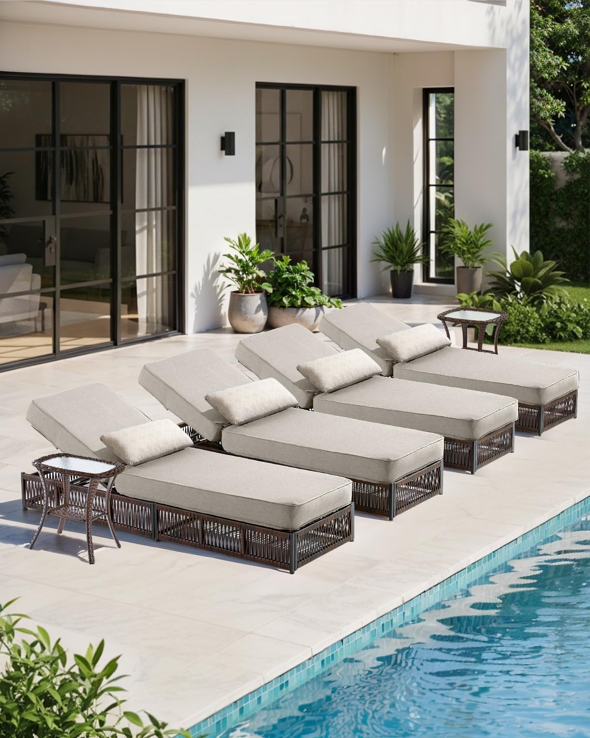 Luxury Outdoor Chaise Lounge with 5 Inch Thickened Cushion - 1 Set High Back Outside Brown Wicker Patio Recliners Rattan Reclining Chair Porch Poolside Pool Sunbathing Lounger - Beige