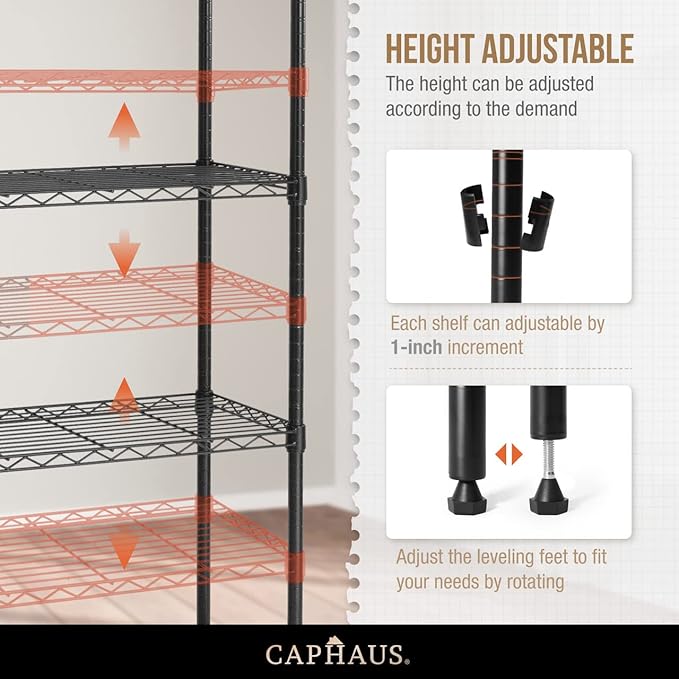 CAPHAUS NSF Adjustable Height Wire Shelving Unit w/Liner, 5-Tier Metal Steel Storage Shelf for Basement, Garage, Utility Organizer, No Wheels, Black