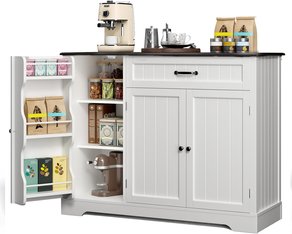 Gizoon Kitchen Coffee Bar Cabinet with Storage Kitchen Sideboard Buffet Cabinet with Drawers, Short Pantry with Door and Shelves for Bathroom and Living Room, White and Black, Painted