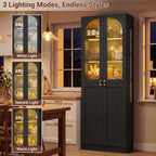 Cyclysio 80" Kitchen Pantry with 3 Motion Sensor Lights, Tall Arch Storage Cabinet with Tempered Glass Doors, Wood Floor Cupboard with Baseboard Cutout for Dining Room, Living Room, Bathroom